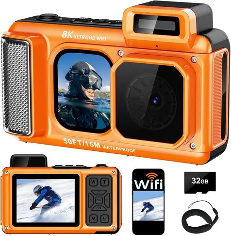 8K Underwater Camera WiFi 90MP 50FT Waterproof 32GB Card Dual-Screen Touch | Suitable for Snorkeling and Diving, Rugged Shockproof Dustproof, AF Selfie, 18X Zoom, Floatable, 1800mAh Battery, Type-C in Kuwait