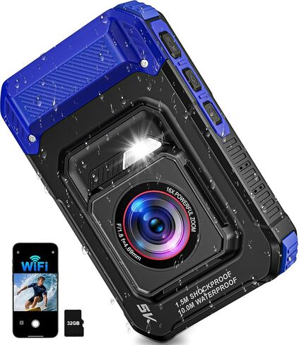 5K 33FT Underwater Camera 96MP Autofocus Waterproof Digital Camera, WiFi | Dual-Lens Selfie, 5FT Shockproof 16X Zoom 60 Filters, Compact Point and Shoot Camera for Snorkeling Surfing Swimming, Blue in Kuwait