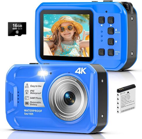 4K Underwater Camera, 64MP 16FT Waterproof Digital Camera with 16GB Card, Autofocus Floatable Waterproof Camera with IPS HD Screen, 16X Digital Zoom, Fill Light, for Snorkeling, Surfing, Swimming in Kuwait