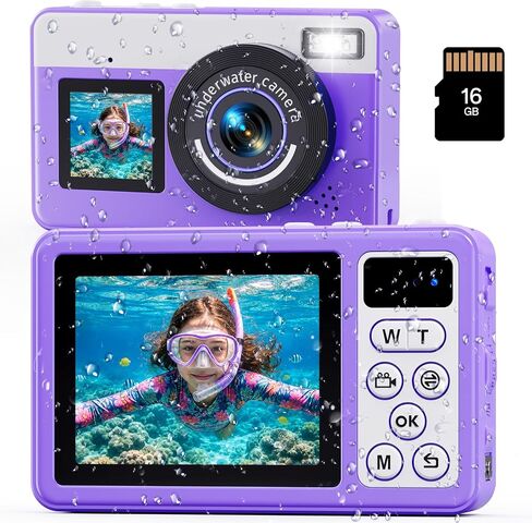 Maxmango D70 4K Underwater Digital Camera - 48MP 10FT Waterproof Camera for Snorkeling - Dual Screen Selfie Compact Floatable Camera with 16GB Card - Autofocus Point and Shoot Digital Camera -Purple in Saudi Arabia