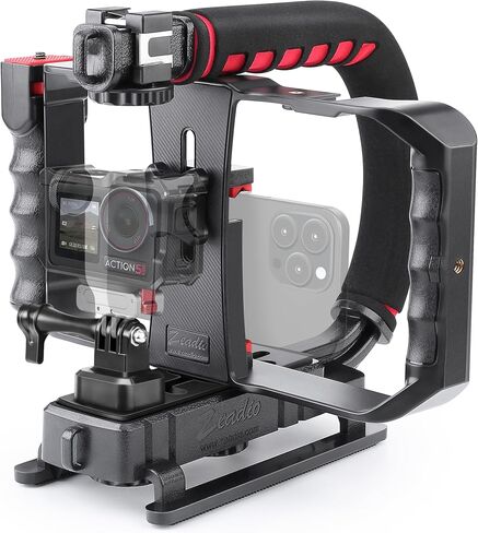 Zeadio Camera Smartphone Handheld Stabilizer, Triple Cold-Shoe Handle Grip Compatible with All Camera Action Camera DSLR Smartphone in Kuwait