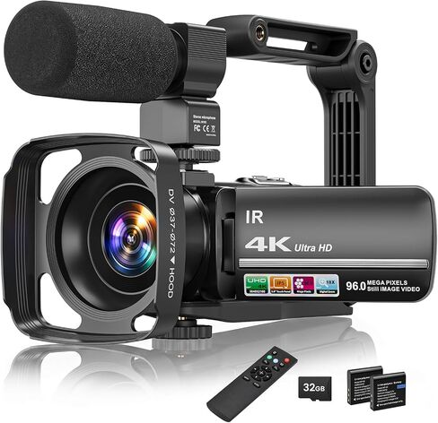 4K Video Camera Camcorder 96MP Vlogging Camera for YouTube 3.0" Touch Screen 18X Digital Zoom IR Night Vision with External Stereo Microphone,Remote,Lens Hood,Handheld Stabilizer,32G Card &2 Batteries in Kuwait