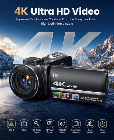 4K Video Camera Camcorder 96MP Vlogging Camera for YouTube 3.0" Touch Screen 18X Digital Zoom IR Night Vision with External Stereo Microphone,Remote,Lens Hood,Handheld Stabilizer,32G Card &2 Batteries in Kuwait