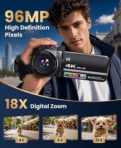 4K Video Camera Camcorder 96MP Vlogging Camera for YouTube 3.0" Touch Screen 18X Digital Zoom IR Night Vision with External Stereo Microphone,Remote,Lens Hood,Handheld Stabilizer,32G Card &2 Batteries in Kuwait