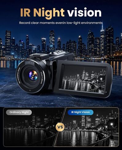 4K Video Camera Camcorder 96MP Vlogging Camera for YouTube 3.0" Touch Screen 18X Digital Zoom IR Night Vision with External Stereo Microphone,Remote,Lens Hood,Handheld Stabilizer,32G Card &2 Batteries in Kuwait