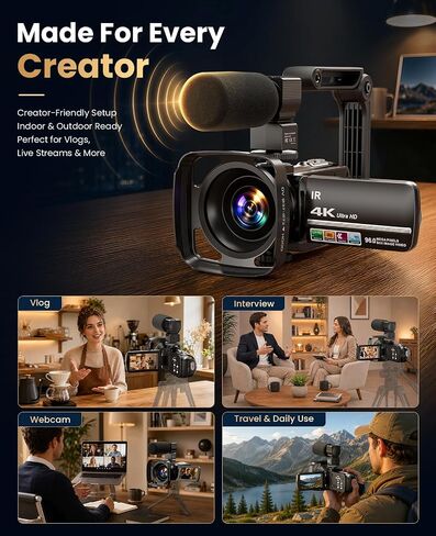 4K Video Camera Camcorder 96MP Vlogging Camera for YouTube 3.0" Touch Screen 18X Digital Zoom IR Night Vision with External Stereo Microphone,Remote,Lens Hood,Handheld Stabilizer,32G Card &2 Batteries in Kuwait