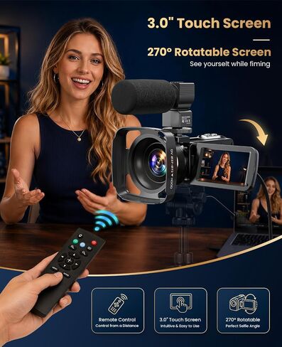 4K Video Camera Camcorder 96MP Vlogging Camera for YouTube 3.0" Touch Screen 18X Digital Zoom IR Night Vision with External Stereo Microphone,Remote,Lens Hood,Handheld Stabilizer,32G Card &2 Batteries in Kuwait