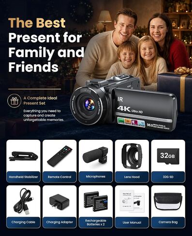 4K Video Camera Camcorder 96MP Vlogging Camera for YouTube 3.0" Touch Screen 18X Digital Zoom IR Night Vision with External Stereo Microphone,Remote,Lens Hood,Handheld Stabilizer,32G Card &2 Batteries in Kuwait