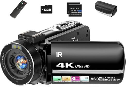 4K Video Camera Camcorder 96MP UHD Vlogging Camera for YouTube 18X Digital Zoom 3.0 IPS 270° Rotation Touch Screen Video Recorder with Remote Control, Night Vision, 32GB Card, 2 Batteries in Kuwait