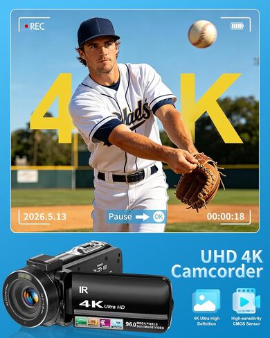 4K Video Camera Camcorder 96MP UHD Vlogging Camera for YouTube 18X Digital Zoom 3.0 IPS 270° Rotation Touch Screen Video Recorder with Remote Control, Night Vision, 32GB Card, 2 Batteries in Kuwait