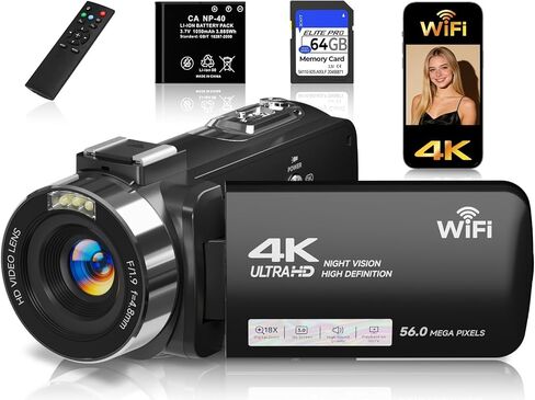 4K Video Camera Camcorder, UHD 56MP WiFi Vlogging Cameras,18X Digital Zoom IR Night Vision 3.0''Touch Screen Cameras with 64GB Card,Remote Control,Webcam and Battery (Blue) in Saudi Arabia