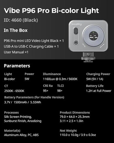 SmallRig P96 Mini LED Video Light, Bi-Color 2700-6500K CRI 95+, 2200mAh, Portable Camera Lights with Cold Shoe for Content Creator Vlogging, Compact Photography Lighting for TikTok, YouTube Streaming | YouTube Streaming, Portable Camera Lights, Cold Shoe  in Saudi Arabia