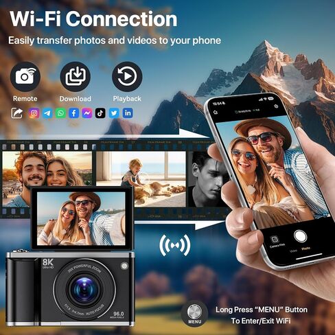 8K Digital Camera for Photography with WiFi 96MP Autofocus Vlogging Camera for YouTube Video 3.5'' 180°Flip Screen 20X Zoom Anti-Shake Compact Point and Shoot Cameras for Beginner Creator with SD Card in Kuwait