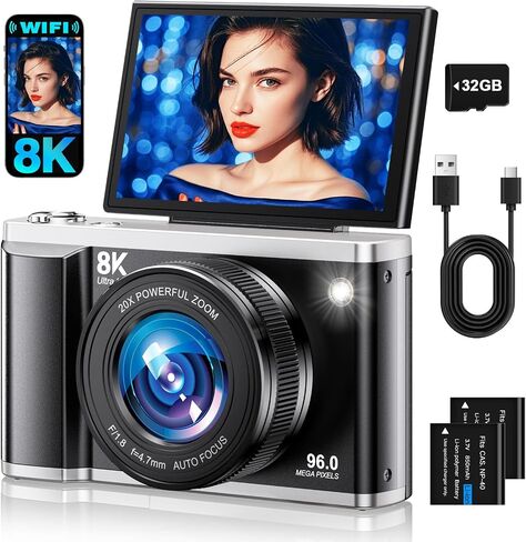 8K Digital Camera for Photography with WiFi 96MP Autofocus Vlogging Camera for YouTube Video 3.5'' 180°Flip Screen 20X Zoom Anti-Shake Compact Point and Shoot Cameras for Beginner Creator with SD Card in Kuwait