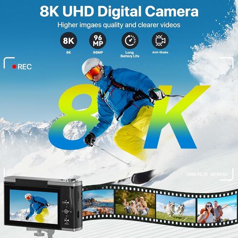 8K Digital Camera for Photography with WiFi 96MP Autofocus Vlogging Camera for YouTube Video 3.5'' 180°Flip Screen 20X Zoom Anti-Shake Compact Point and Shoot Cameras for Beginner Creator with SD Card in Kuwait