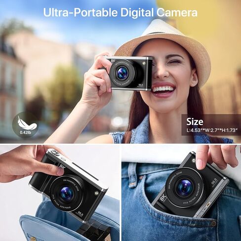 8K Digital Camera for Photography with WiFi 96MP Autofocus Vlogging Camera for YouTube Video 3.5'' 180°Flip Screen 20X Zoom Anti-Shake Compact Point and Shoot Cameras for Beginner Creator with SD Card in Kuwait