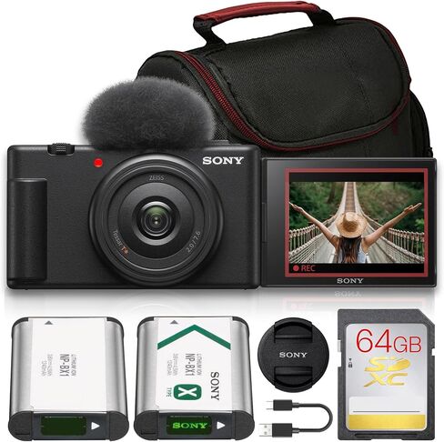 Sony ZV-1F Vlogging Camera Bundle (Black) | 20.1MP 1" Sensor, 4K Video, 20mm Wide Lens, Flip Screen & Directional Mic | Ideal for Vlogging & Content Creation (ZV1F/B) + 64GB Card + Bag + Battery in Kuwait