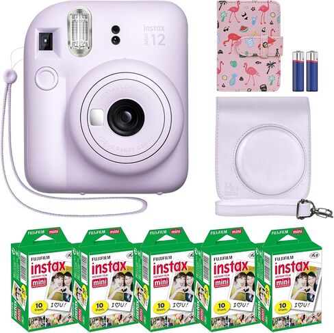 Fujifilm Instax Mini 12 Instant Camera + MiniMate Accessory Bundle & Compatible Custom Case + Fuji Instax Film Value Pack (50 Sheets) Flamingo Designer Photo Album (Lilac Purple) in Kuwait