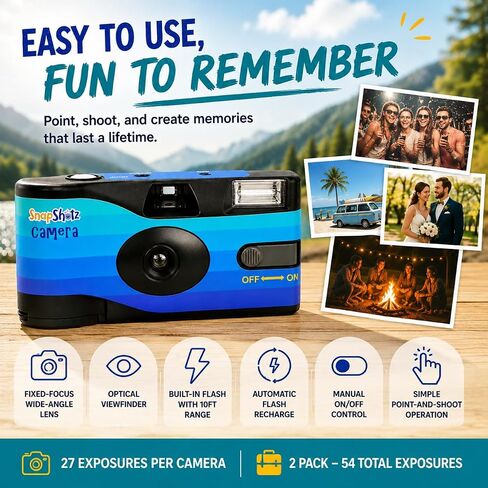 Flash 400 One-Time-Use Disposable Camera (27 Exposures) – 2 Pack with Built-in Flash – ISO 400 Film for Day or Night Shooting in Kuwait