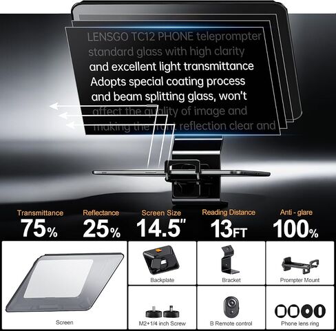 Teleprompter for Smartphone,LENSGO TC12P 14.5-Inch HD Wide-Angle Beam Splitter Glass,On-the-Go Teleprompter Supports iPad/Tablet with Bluetooth Remote for YouTube, Zoom, TikTok & Live Streaming in Kuwait
