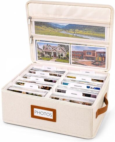 FANGSUN Photo Storage Box with Lid, Stores 2000+ 4x6 Pictures, Dual Mesh Pockets for Larger Prints, Linen Photo Organizer with Dividers, Labels & Side Handle for Family and Travel Memories in Kuwait
