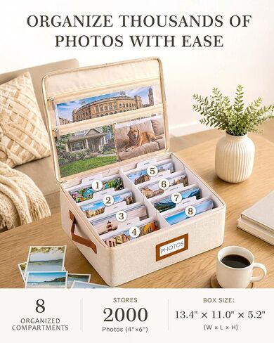 FANGSUN Photo Storage Box with Lid, Stores 2000+ 4x6 Pictures, Dual Mesh Pockets for Larger Prints, Linen Photo Organizer with Dividers, Labels & Side Handle for Family and Travel Memories in Kuwait