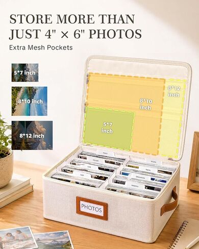 FANGSUN Photo Storage Box with Lid, Stores 2000+ 4x6 Pictures, Dual Mesh Pockets for Larger Prints, Linen Photo Organizer with Dividers, Labels & Side Handle for Family and Travel Memories in Kuwait
