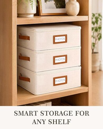FANGSUN Photo Storage Box with Lid, Stores 2000+ 4x6 Pictures, Dual Mesh Pockets for Larger Prints, Linen Photo Organizer with Dividers, Labels & Side Handle for Family and Travel Memories in Kuwait