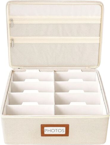 FANGSUN Photo Storage Box with Lid, Stores 2000+ 4x6 Pictures, Dual Mesh Pockets for Larger Prints, Linen Photo Organizer with Dividers, Labels & Side Handle for Family and Travel Memories in Kuwait