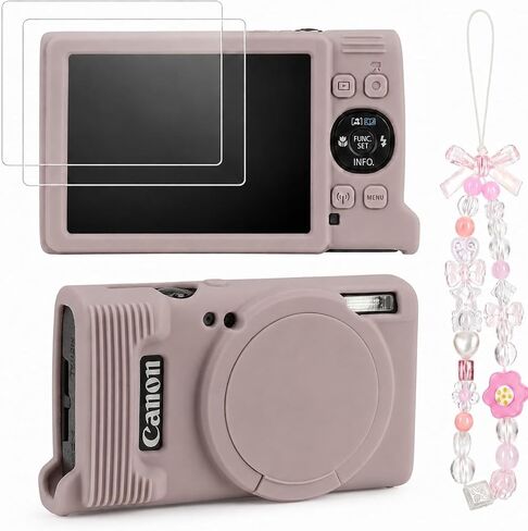 Case for Canon PowerShot ELPH 360 with 2-Pack Screen Protector | Removable Lens Cap Silicone Protective Cover with Cute Charm Wrist Strap for Canon ELPH 360 HS/IXY 650 - Black in Kuwait