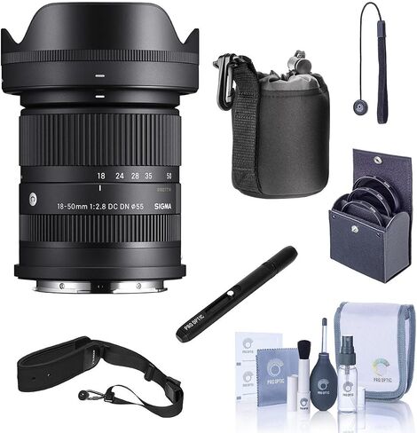 Sigma 18-50mm f/2.8 DC DN Contemporary Lens for Sony E - Bundle with 55mm Filter Kit, Case, Cleaner, Cleaning kit, Movo Sling Strap, Cap Tether in Kuwait