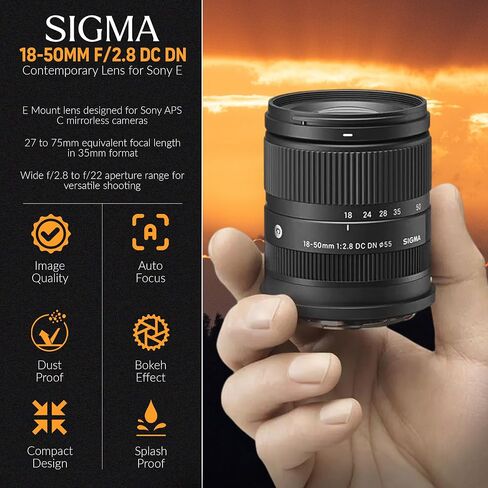 Sigma 18-50mm f/2.8 DC DN Contemporary Lens for Sony E - Bundle with 55mm Filter Kit, Case, Cleaner, Cleaning kit, Movo Sling Strap, Cap Tether in Kuwait