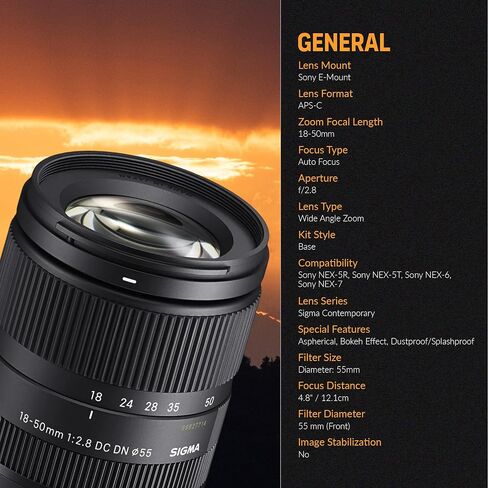 Sigma 18-50mm f/2.8 DC DN Contemporary Lens for Sony E - Bundle with 55mm Filter Kit, Case, Cleaner, Cleaning kit, Movo Sling Strap, Cap Tether in Kuwait