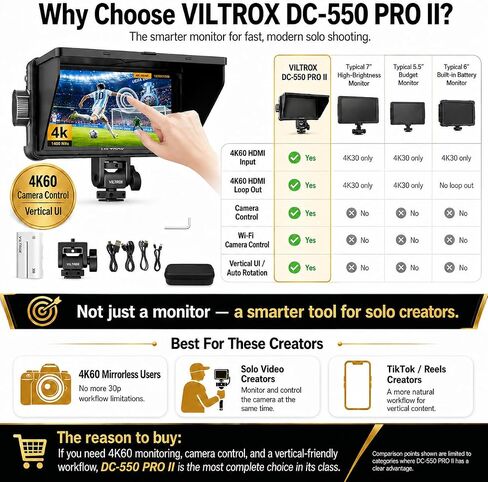 VILTROX DC-550 Pro II 5.5" 1400 Nits Camera Field Monitor with Camera Control 4K@60 HDMI 2.0 Touchscreen HD Display 3D LUT Onion Skin Vertical UI, Waveform & 160° Wide View Angle DSLR Monitor in Kuwait