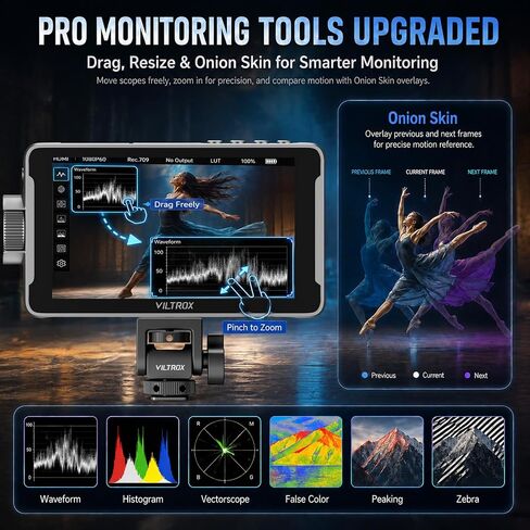 VILTROX DC-550 Pro II 5.5" 1400 Nits Camera Field Monitor with Camera Control 4K@60 HDMI 2.0 Touchscreen HD Display 3D LUT Onion Skin Vertical UI, Waveform & 160° Wide View Angle DSLR Monitor in Kuwait