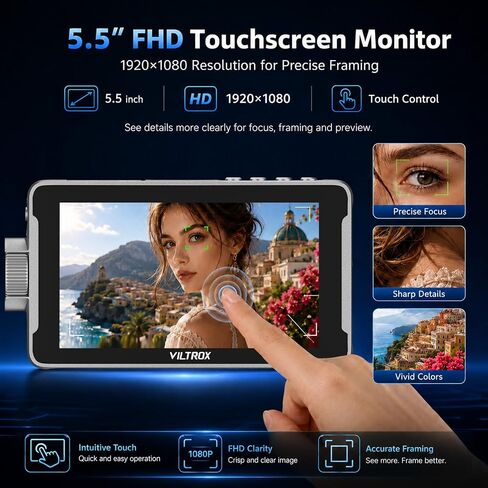VILTROX DC-550 Pro II 5.5" 1400 Nits Camera Field Monitor with Camera Control 4K@60 HDMI 2.0 Touchscreen HD Display 3D LUT Onion Skin Vertical UI, Waveform & 160° Wide View Angle DSLR Monitor in Kuwait