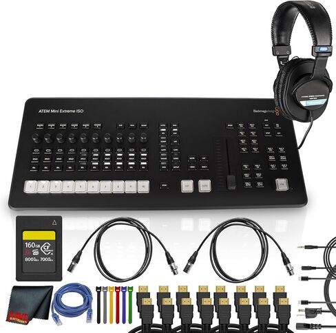 Blackmagic Design ATEM Mini Extreme ISO G2 Switcher | 8-Input Live Production Mixer with 9-Stream Recording, USB-C Webcam Output & Advanced Streaming Tools + MDR-7506 Headphones + 160GB Card + More in Kuwait
