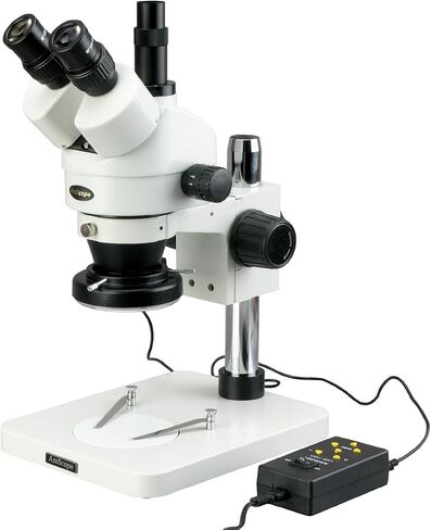 AmScope SM-1TSZ-144A Professional Trinocular Stereo Zoom Microscope, WH10x Eyepieces, 3.5X-90X Magnification, 0.7X-4.5X Zoom Objective, Four-Zone LED Ring Light, Pillar Stand, 110V-240V, Includes 0.5X and 2.0X Barlow Lenses in Kuwait
