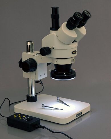 AmScope SM-1TSZ-144A Professional Trinocular Stereo Zoom Microscope, WH10x Eyepieces, 3.5X-90X Magnification, 0.7X-4.5X Zoom Objective, Four-Zone LED Ring Light, Pillar Stand, 110V-240V, Includes 0.5X and 2.0X Barlow Lenses in Kuwait