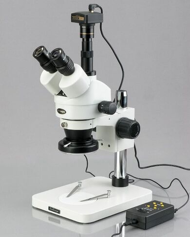 AmScope SM-1TSZ-144A Professional Trinocular Stereo Zoom Microscope, WH10x Eyepieces, 3.5X-90X Magnification, 0.7X-4.5X Zoom Objective, Four-Zone LED Ring Light, Pillar Stand, 110V-240V, Includes 0.5X and 2.0X Barlow Lenses in Kuwait