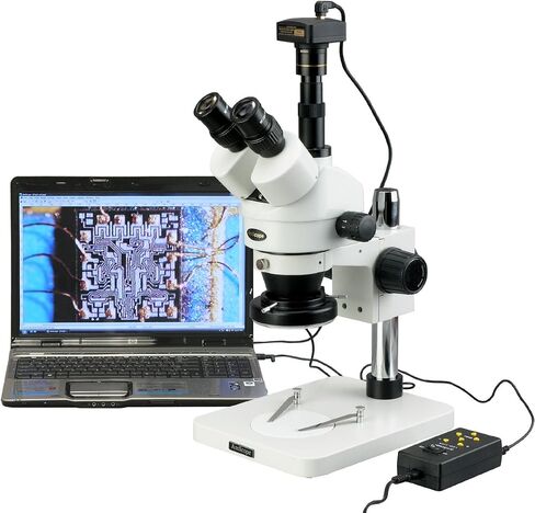 AmScope SM-1TSZ-144A Professional Trinocular Stereo Zoom Microscope, WH10x Eyepieces, 3.5X-90X Magnification, 0.7X-4.5X Zoom Objective, Four-Zone LED Ring Light, Pillar Stand, 110V-240V, Includes 0.5X and 2.0X Barlow Lenses in Kuwait