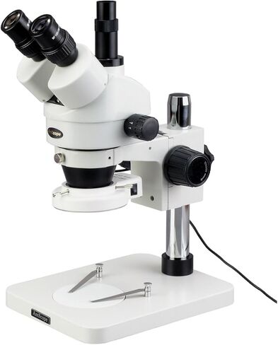 AmScope SM-1TSY-144S Professional Trinocular Stereo Zoom Microscope, WH10x Eyepieces, 7X-90X Magnification, 0.7X-4.5X Zoom Objective, 144-Bulb LED Ring Light, Pillar Stand, 110V-240V, Includes 2.0X Barlow Lens in Kuwait