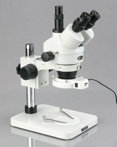 AmScope SM-1TSY-144S Professional Trinocular Stereo Zoom Microscope, WH10x Eyepieces, 7X-90X Magnification, 0.7X-4.5X Zoom Objective, 144-Bulb LED Ring Light, Pillar Stand, 110V-240V, Includes 2.0X Barlow Lens in Kuwait