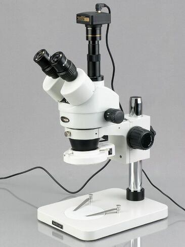 AmScope SM-1TSY-144S Professional Trinocular Stereo Zoom Microscope, WH10x Eyepieces, 7X-90X Magnification, 0.7X-4.5X Zoom Objective, 144-Bulb LED Ring Light, Pillar Stand, 110V-240V, Includes 2.0X Barlow Lens in Kuwait