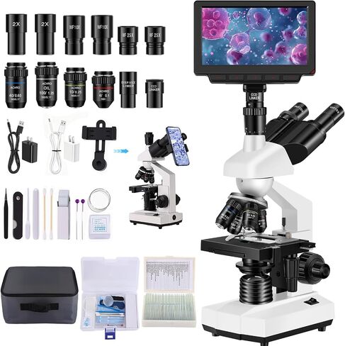 Microscope for Adult,7'' HD Display,with WF10x/25x Eyepieces,40-5000X Magnification,Dual Mechanical Stages and Abbe Condenser,Includes 40*specimens,Suitable for Labs and Schools (wihte) in Kuwait