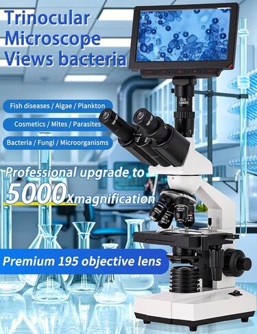 Microscope for Adult,7'' HD Display,with WF10x/25x Eyepieces,40-5000X Magnification,Dual Mechanical Stages and Abbe Condenser,Includes 40*specimens,Suitable for Labs and Schools (wihte) in Kuwait