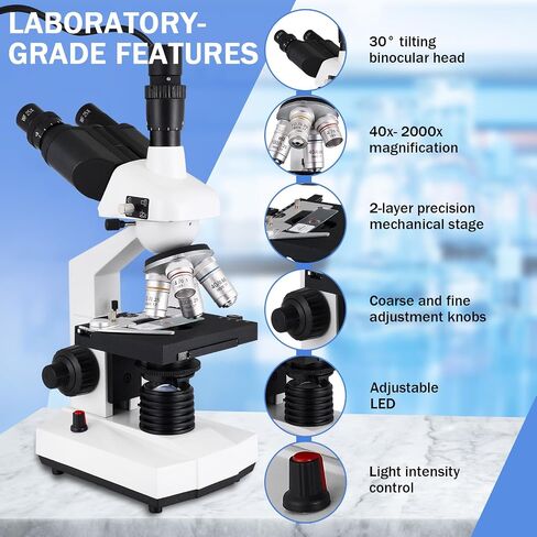 Compound Trinocular Microscope, 40X-5000X Magnification, Research Grade Professional Microscope with USB Camera and Mechanical Stage, Microscope for Adults in Kuwait
