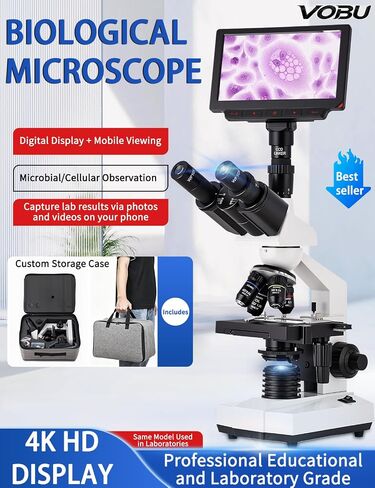 Microscope for Adult,7'' HD Display,with WF10x/25x Eyepieces,40-5000X Magnification,Dual Mechanical Stages and Abbe Condenser,Includes 40*specimens,Suitable for Labs and Schools (wihte) in Kuwait
