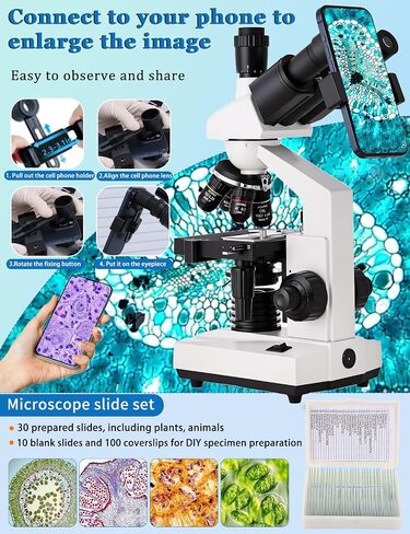 Microscope for Adult,7'' HD Display,with WF10x/25x Eyepieces,40-5000X Magnification,Dual Mechanical Stages and Abbe Condenser,Includes 40*specimens,Suitable for Labs and Schools (wihte) in Kuwait