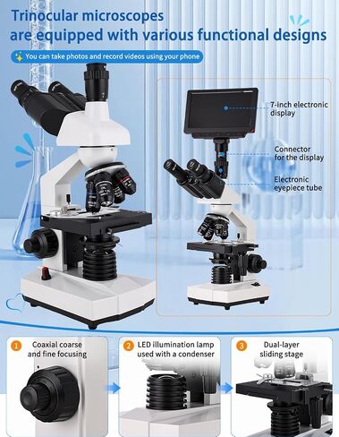 Microscope for Adult,7'' HD Display,with WF10x/25x Eyepieces,40-5000X Magnification,Dual Mechanical Stages and Abbe Condenser,Includes 40*specimens,Suitable for Labs and Schools (wihte) in Kuwait